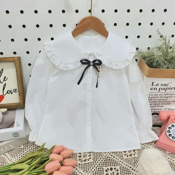 áo sơ mi trắng dài tay nơ cổ size 6 -10 - Ảnh 1