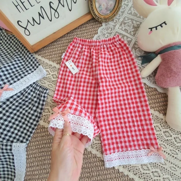 Quần dài xuông ống rộng bé gái kẻ caro - Ảnh 4